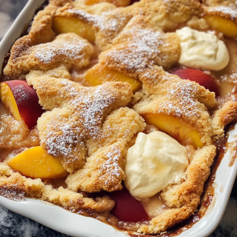 A delicious looking peach cobbler with a white sauce.