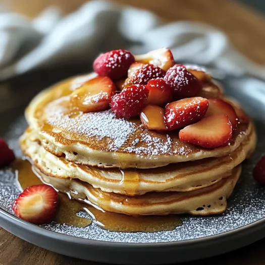A stack of protein pancakes with strawberries on top.