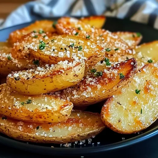 A plate of baked garlic parmesan potato wedges.