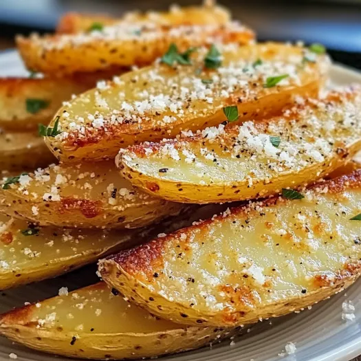 Baked garlic parmesan potato wedges on a plate.