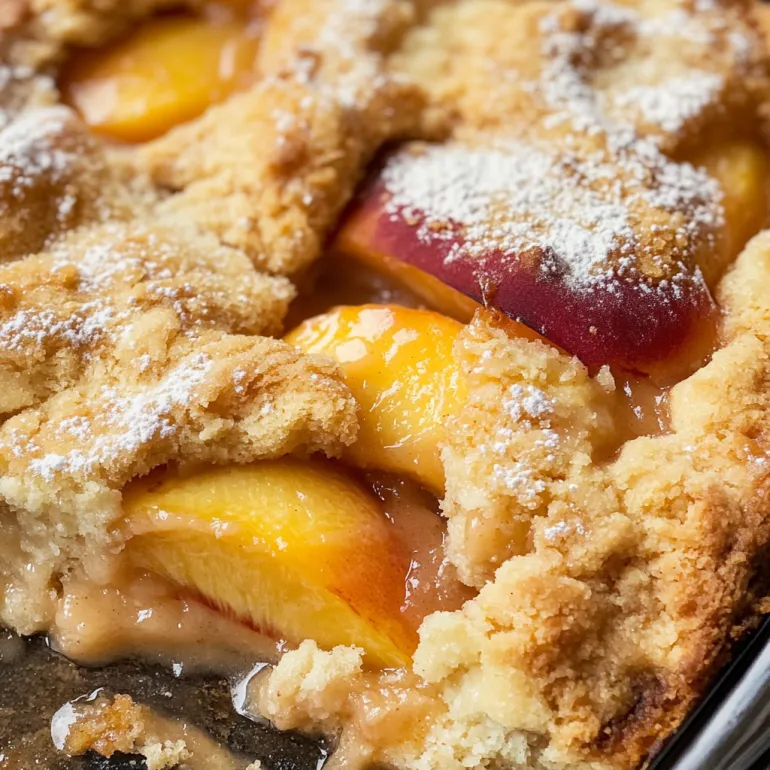 A close up of a delicious peach cobbler.