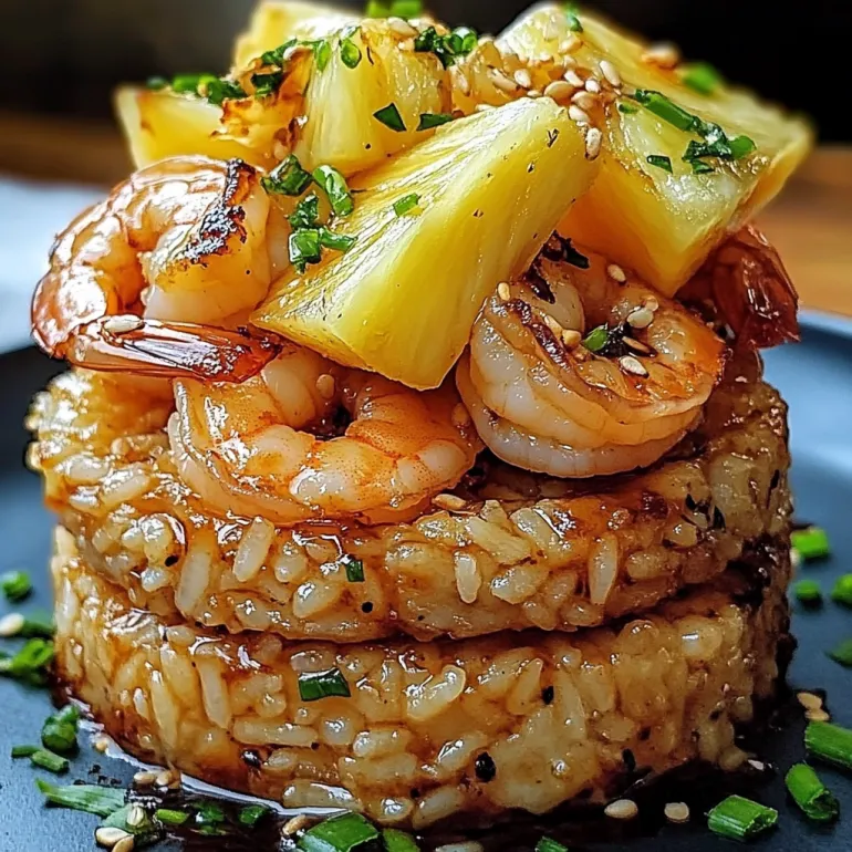 A stack of shrimp with pineapple and rice.