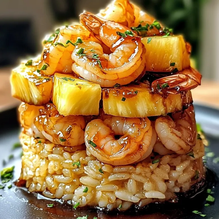 A stack of shrimp on rice.