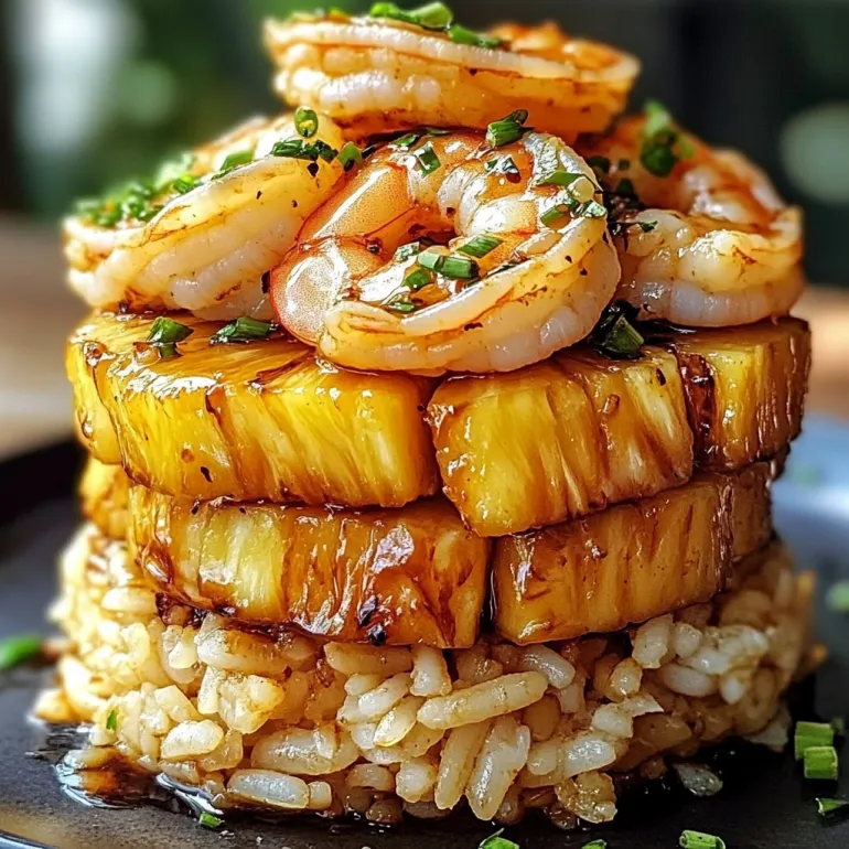A stack of shrimp on rice.