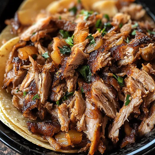 Un bol cu carnitas crocante gătite la slow cooker.