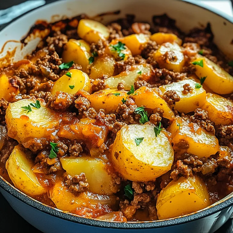 Gros plan la o caserolă cu carne tocată și cartofi.