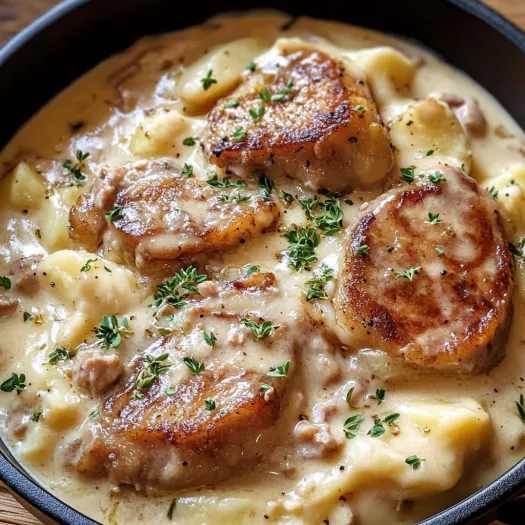 Un preparat de caserolă cu coaste de porc înăbușite și cartofi gratinați.