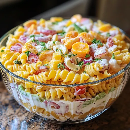 Bol cu salată de paste plină cu ingrediente diverse.