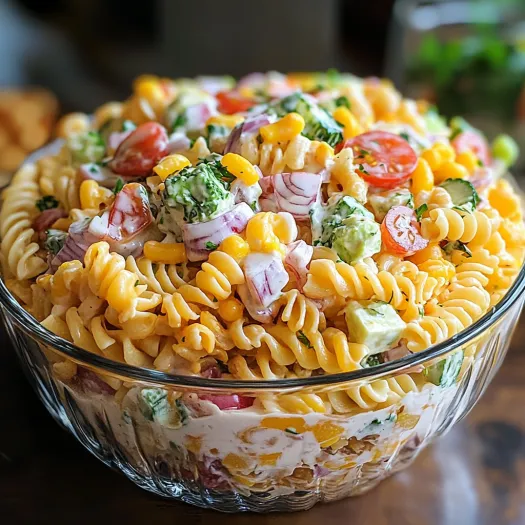 Un bol cu salată de paste, legume și brânză.