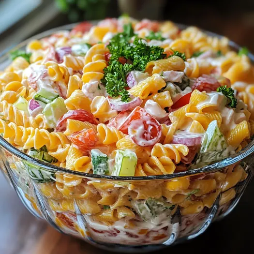 Un bol mare cu salată de paste cu diverse legume.