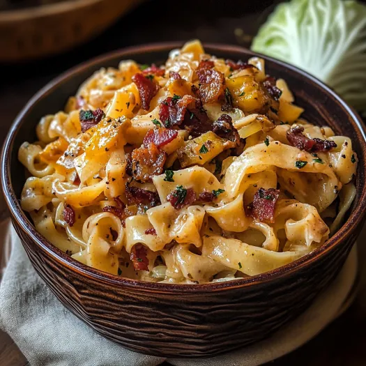 Un bol cu tăieței, bacon și ceapă caramelizată.