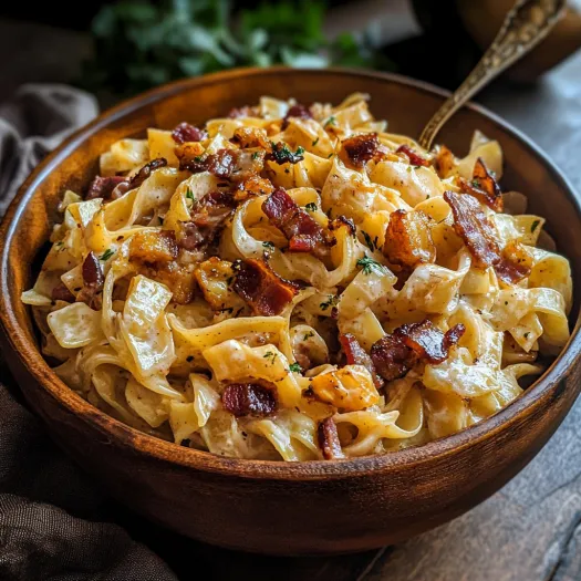 Un castron cu paste, bacon și ceapă.