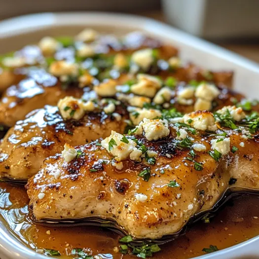 A plate of chicken with feta cheese and honey.