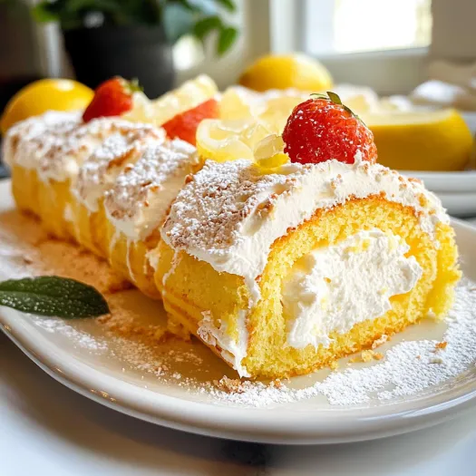 A slice of lemon cake roll with white frosting.