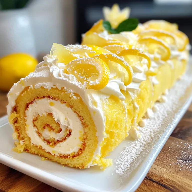 A lemon cake roll with white frosting and yellow lemon slices.