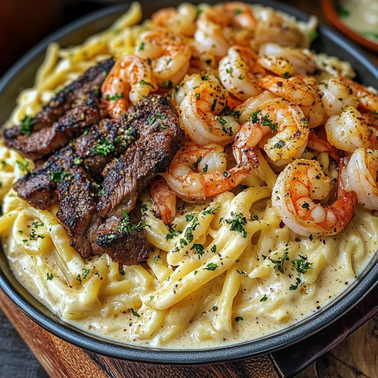Un bol cu paste alfredo, carne de vită și creveți cajun picanți.
