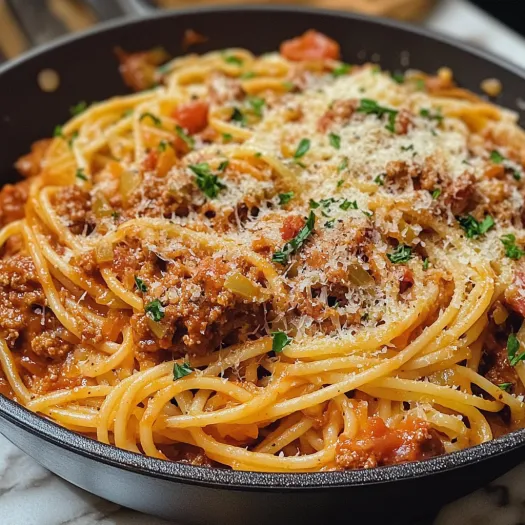 Un bol cu spaghete bolognese și o frunză verde deasupra.