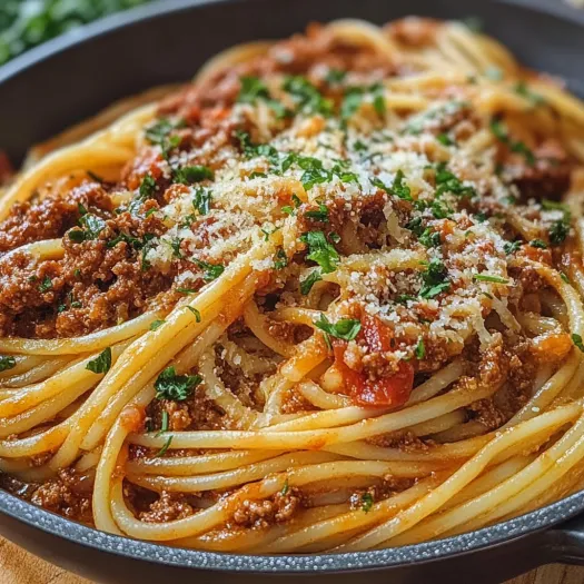 Un bol cu bolognese peste spaghete, deasupra cu verdeata.