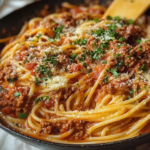 Bol cu spaghete bolognese, carne și cașcaval.