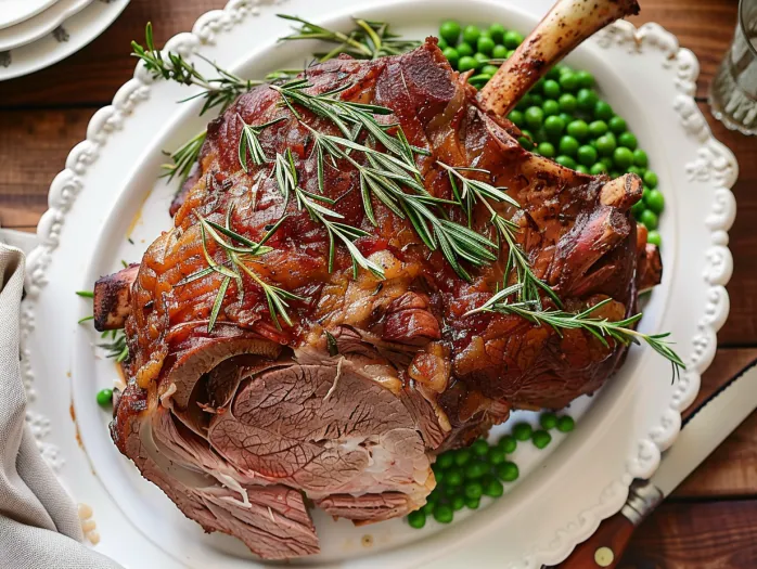 O farfurie cu carne si o ramura de rozmarin deasupra.