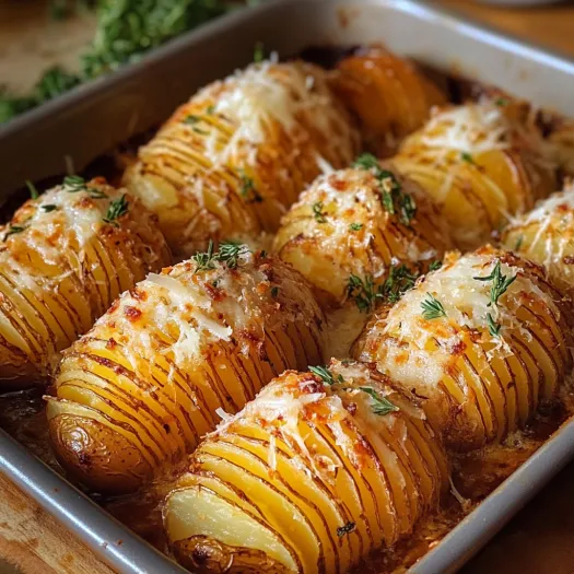 O tavă cu cartofi Hasselback gătiți în grăsime de rață și parmezan.
