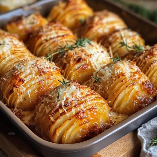 O tavă cu cartofi Hasselback gătiți în grăsime de rață și parmezan.