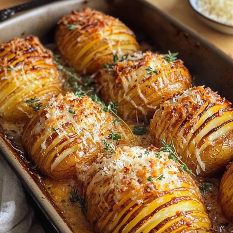Tavă cu cartofi hasselback în untură de rață și parmezan.