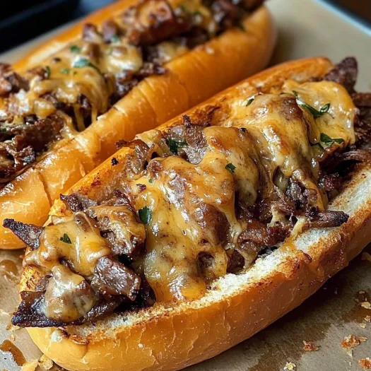Sandviș cheesesteak aproape de cameră, cu carne și brânză topită.