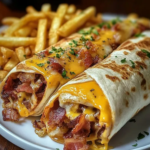 Două wrapuri cu bacon și cașcaval, servite cu cartofi prăjiți.
