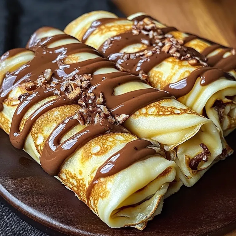 A plate of crêpes with chocolate sauce on top.
