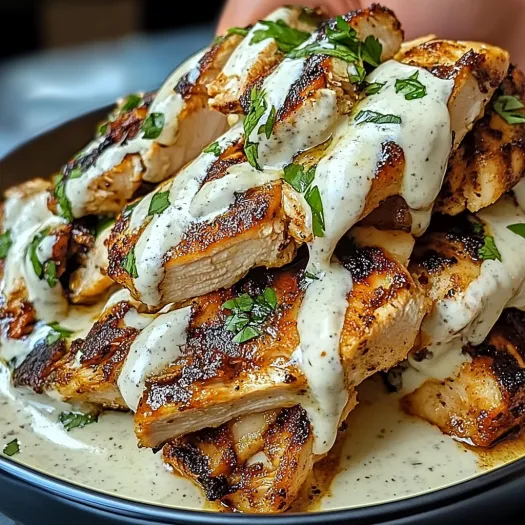 A plate of chicken shawarma with creamy garlic sauce.