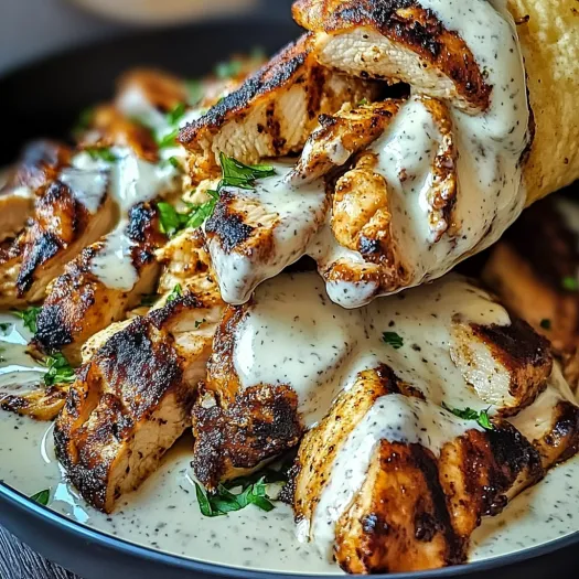 Farfurie cu shawarma de pui și sos cremos de usturoi.