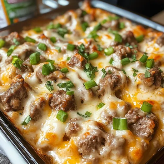 Prim plan cu o caserolă Philly cheese steak super gustoasă.