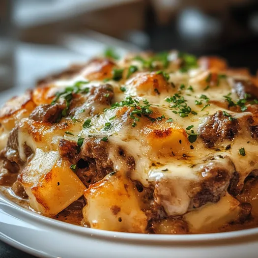 O farfurie cu mâncare și textul „Philly Cheese Steak Caserola” pe ea.