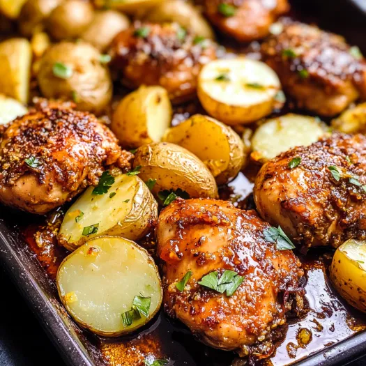 O tavă cu pui și cartofi cu sos balsamic de lămâie.