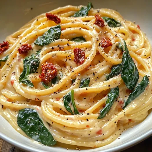 O porție de spaghete cu sos cremos de spanac și roșii uscate.
