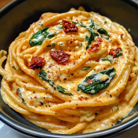 O porție de spaghete cu sos cremos de spanac și roșii uscate.