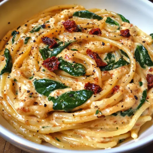 Un bol cu spaghete, spanac si sos cremos de rosii uscate.