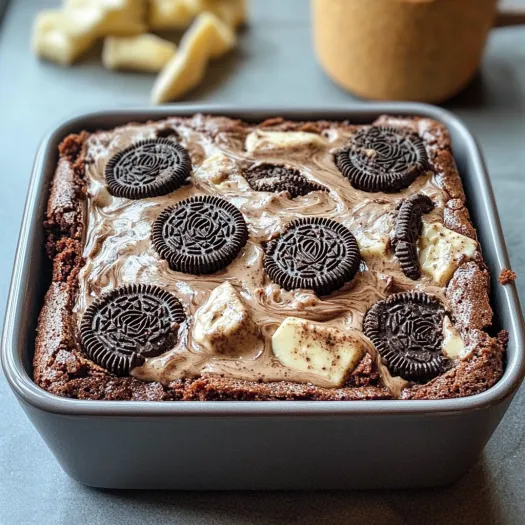 O tavă pătrată cu brownies de ciocolată și Oreo.