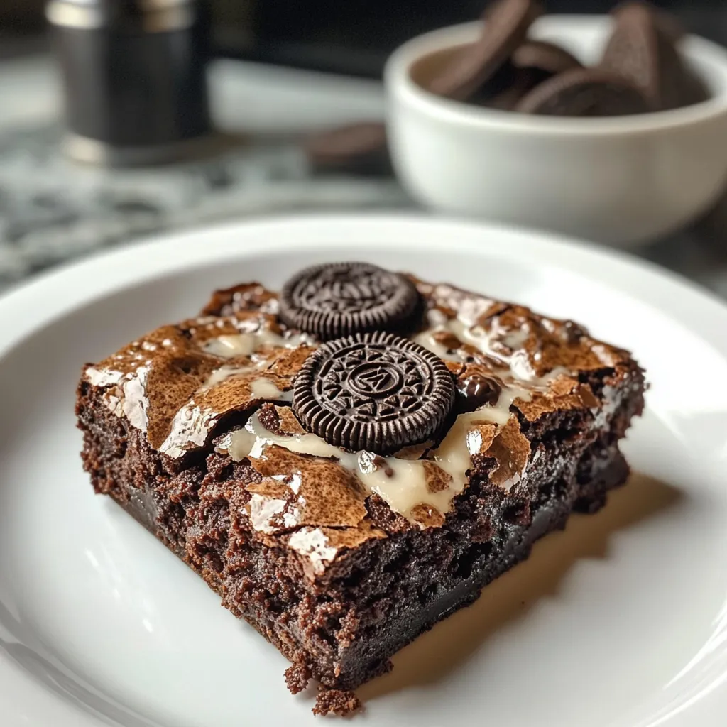 O felie de prăjitură cu ciocolată și biscuiți Oreo pe deasupra.