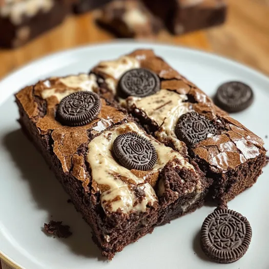 O felie de prăjitură cu ciocolată și biscuiți Oreo pe deasupra.