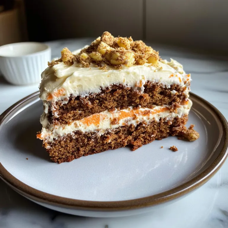 O felie de tort cu morcovi si glazura fina de branza.