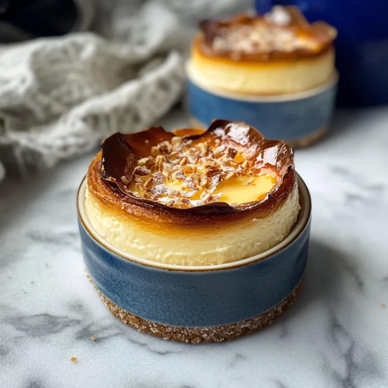 Două mini Basque cheesecake pe o masă.