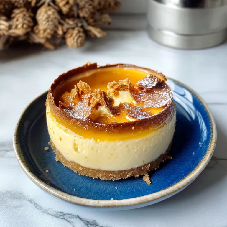 Bucățică mică de cheesecake Basca pe farfurie albastră.