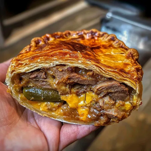 O felie de plăcintă cu brisket afumat, jalapeño și cheddar.