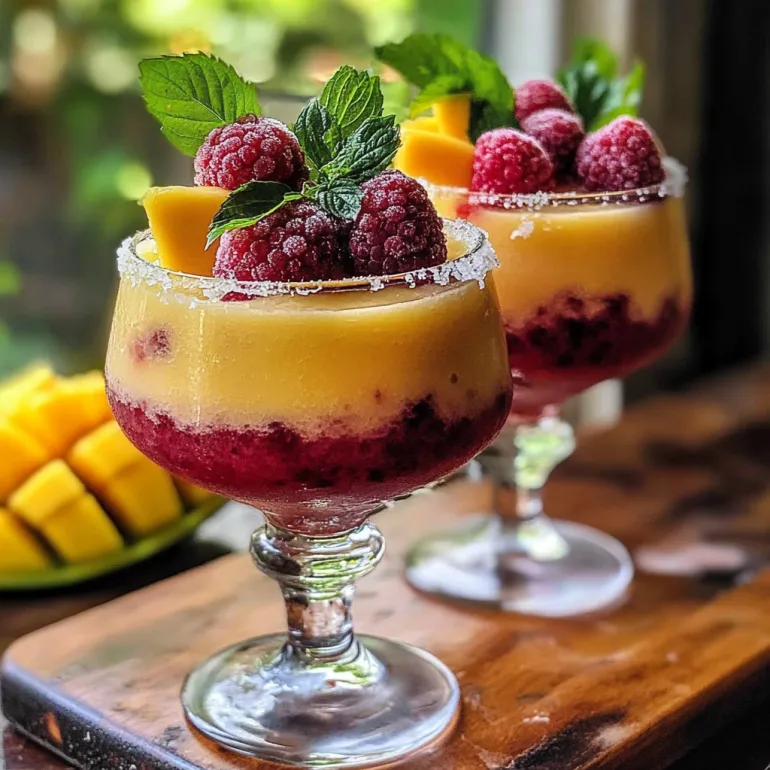 Două pahare cu daiquiri de zmeură și mango.