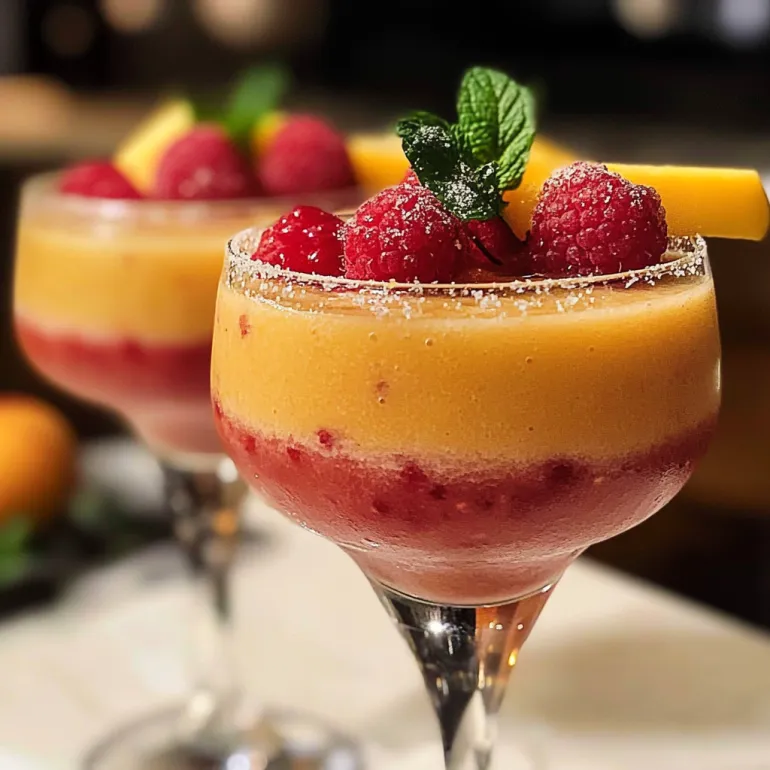 Două pahare cu daiquiri de zmeură și mango.
