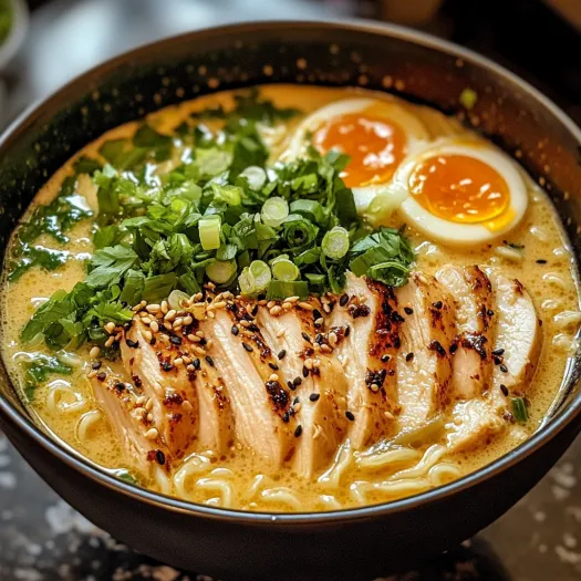 O farfurie cu ramen, pui și legume.