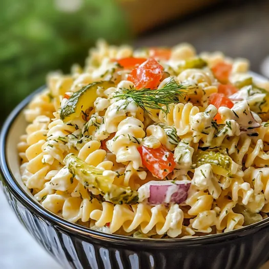 Un bol cu salată de paste și castraveți murați, plus roșii.