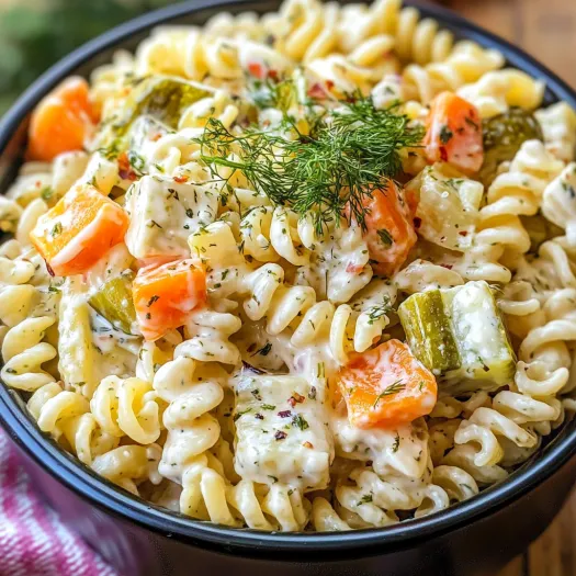 Un castron cu salata de paste si castraveti murati.